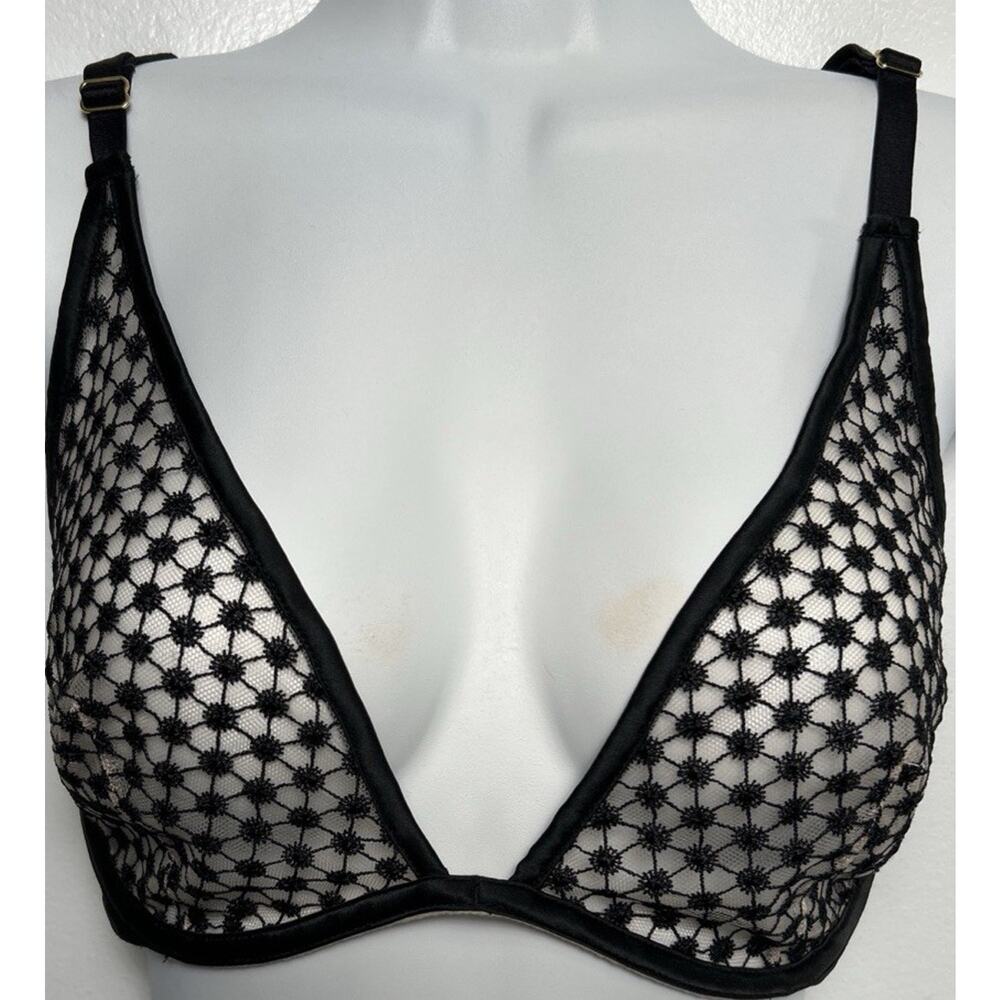 Victorias Secret 32DDD Unlined Plunge Bra Black Starburst Side Close Strappy